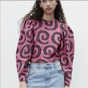 Zara Jacquard Swirl Print Pullover Cropped Sweater Balloon Sleeves Pink Black S